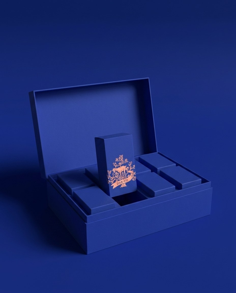 The Case — a rigid blue presentation case fitting six bottle boxes, one pulled halfway out